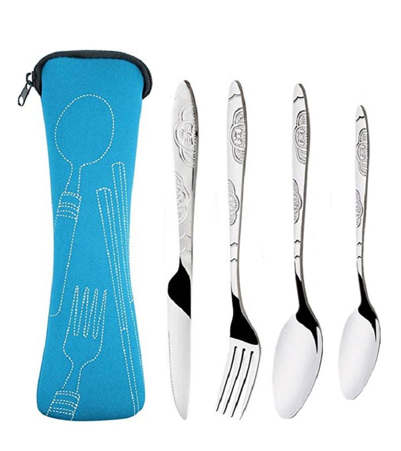 4 Piece Stainless Steel Cutlery Set Portable Printed Knife Fork Spoon With Carry Bag For Camping Outdoor Dining Black Blue - Image 2