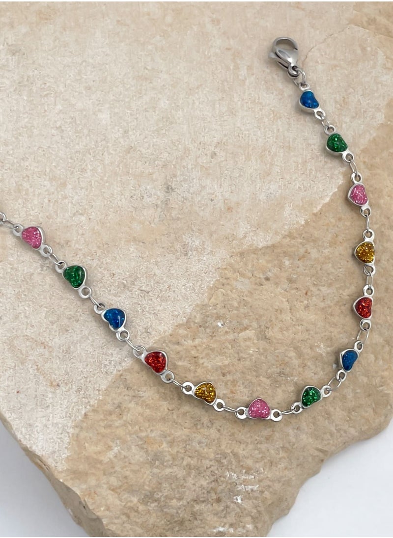 Clé de Lune Silver Colorful Heart Shaped Stones Anklet 