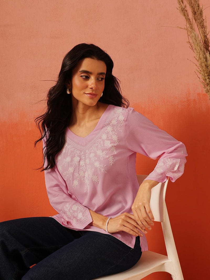 QAZMI Women's Sarah V-Neck Kashmiri Aari Work Full Sleeves Kurti_S Light Pink - Image 2