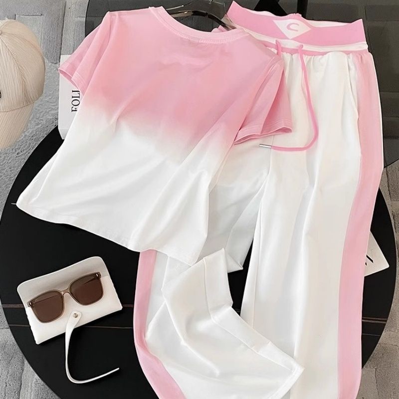 Women's Casual Sport Two-Piece Set with Pink Gradient Top and High Waist Wide-Leg Pants - Image 5