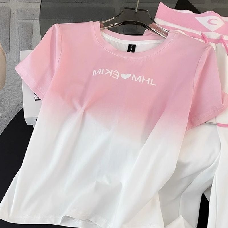 Women's Casual Sport Two-Piece Set with Pink Gradient Top and High Waist Wide-Leg Pants - Image 3