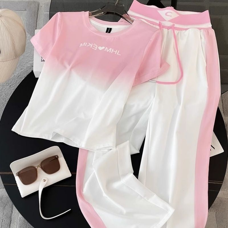 Women's Casual Sport Two-Piece Set with Pink Gradient Top and High Waist Wide-Leg Pants - Image 1