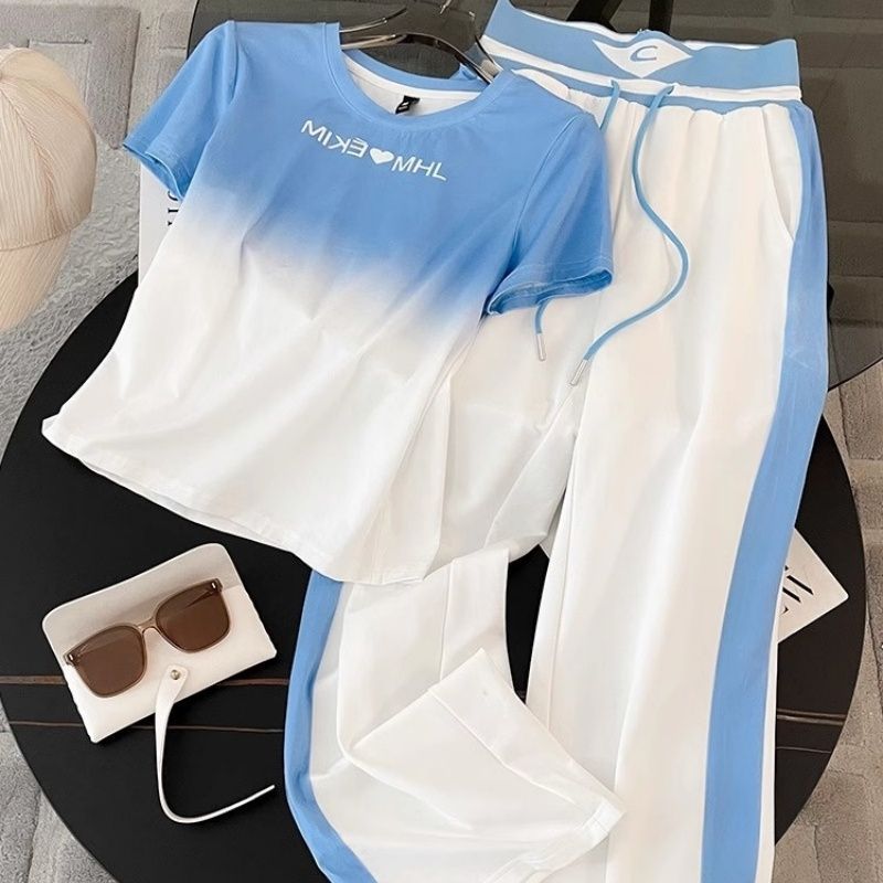 Women's Casual Sport Two-Piece Set with Pink Gradient Top and High Waist Wide-Leg Pants - Image 2