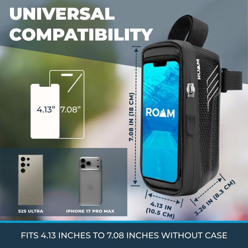Roam Bike Universal Phone Holder + Waterproof Zipper Storage Case - Fits Smartphones Up To 4" x 7" - Velcro Strap Mounts To Bicycle Frame - Full Touchscreen Capabilities - Black - Image 4