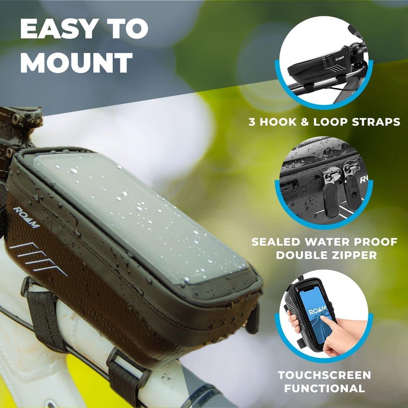 Roam Bike Universal Phone Holder + Waterproof Zipper Storage Case - Fits Smartphones Up To 4" x 7" - Velcro Strap Mounts To Bicycle Frame - Full Touchscreen Capabilities - Black - Image 3