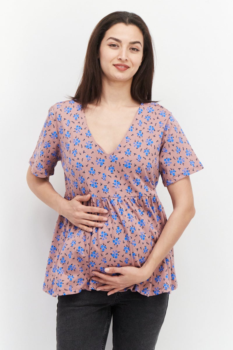 Asos Design Maternity V-Neck Short Sleeves Floral Print Top, Multicolor - Image 1