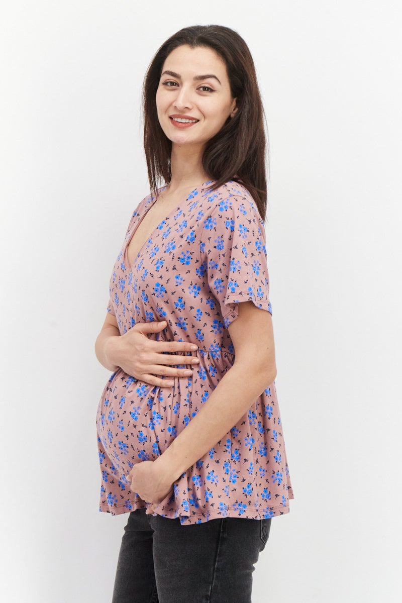 ASOS بلوزة مزخرفة بأكمام قصيرة على شكل V للحوامل، وردي/أزرق - Image 4