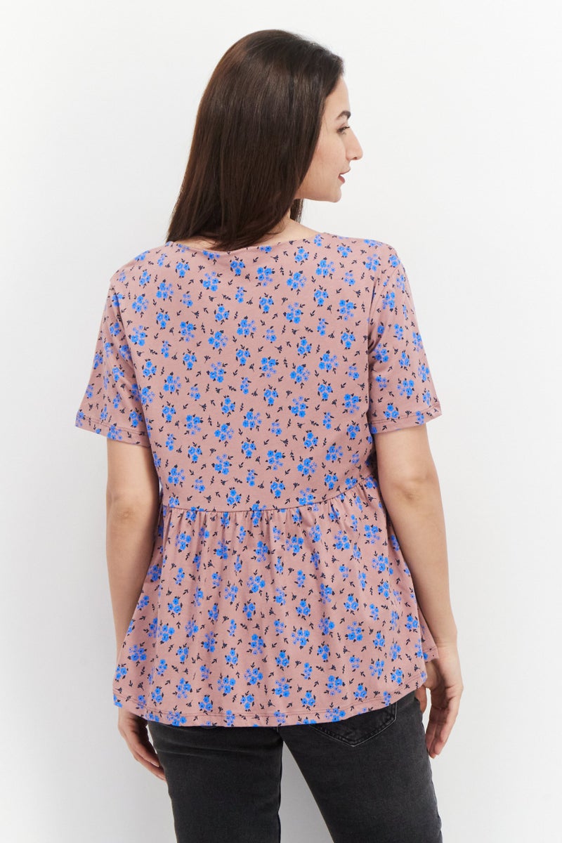 ASOS بلوزة مزخرفة بأكمام قصيرة على شكل V للحوامل، وردي/أزرق - Image 2