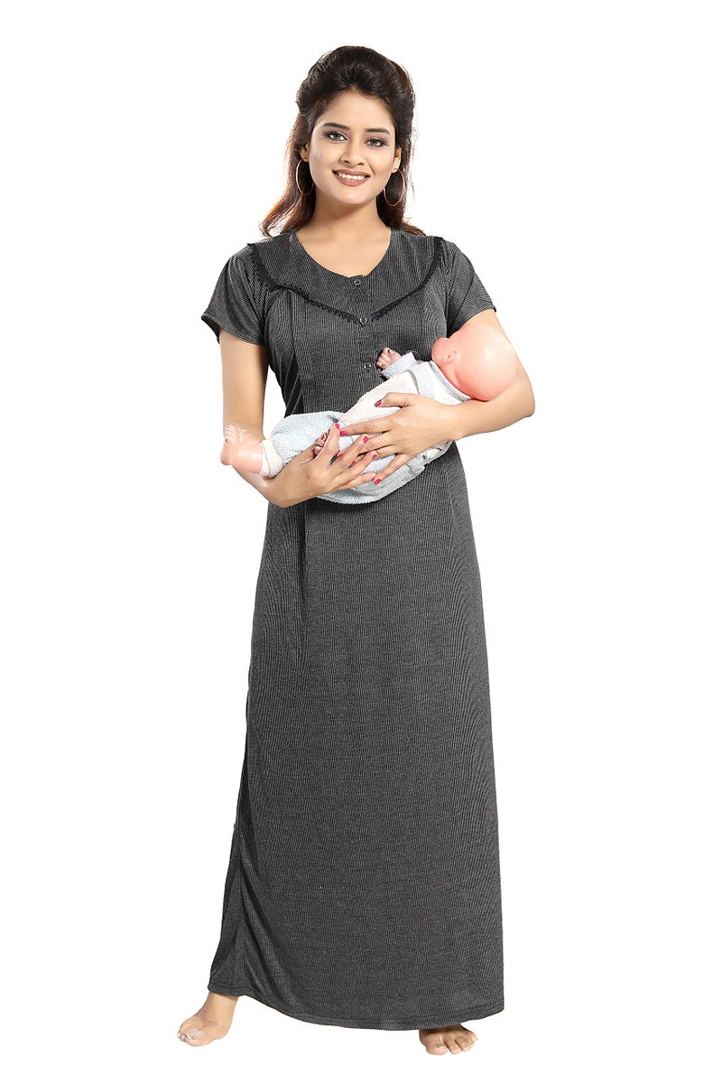 Fabme Women's Cotton Textured Floor Length Nursing Nighty (Black_free size_NW0142_Black_Free Size) - Image 1