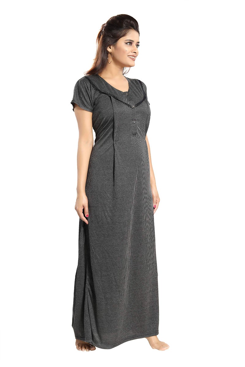 Fabme Women's Cotton Textured Floor Length Nursing Nighty (Black_free size_NW0142_Black_Free Size) - Image 4