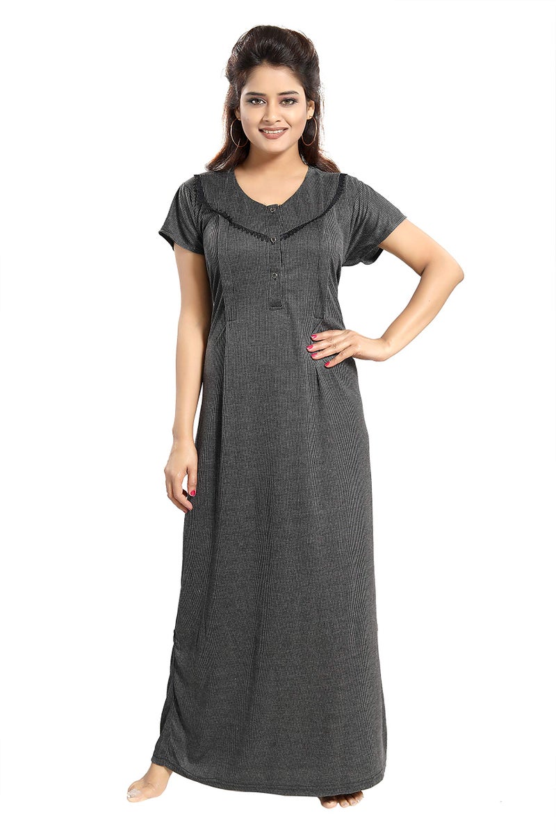 Fabme Women's Cotton Textured Floor Length Nursing Nighty (Black_free size_NW0142_Black_Free Size) - Image 2