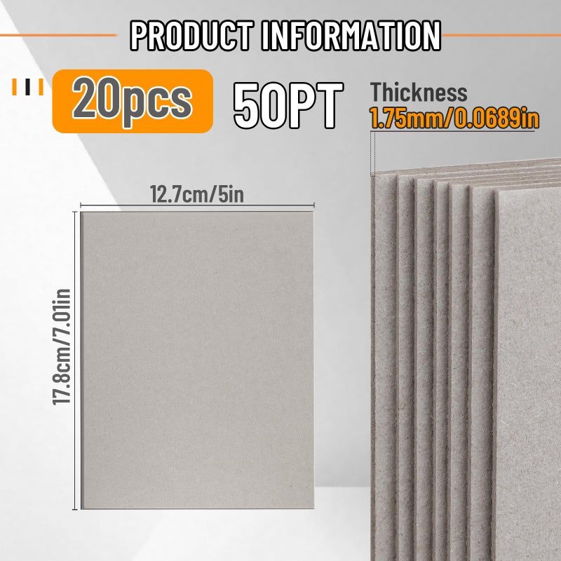 JNENERY 20Pcs Chipboard, 5 x 7" Book Board for Book Binding, 50pt Cover Cardboard Sheets for Crafts, Thick Sturdy Kraft Board, Heavy Duty Chip Board for Bookbinding, DIY Projects, Packaging - Image 2
