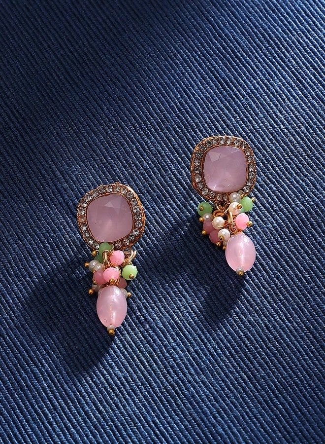 Zaveri Pearls أقراط زافيري بيرلز الوردية والخضراء المرصعة بالأحجار والخرز، وأقراط متدلية مرصعة بالألماس النمساوي للنساء - ZPFK15879 - Image 3