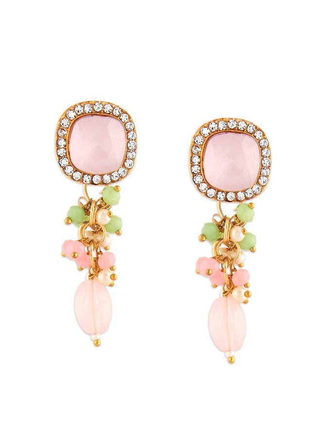 Zaveri Pearls أقراط زافيري بيرلز الوردية والخضراء المرصعة بالأحجار والخرز، وأقراط متدلية مرصعة بالألماس النمساوي للنساء - ZPFK15879 - Image 1