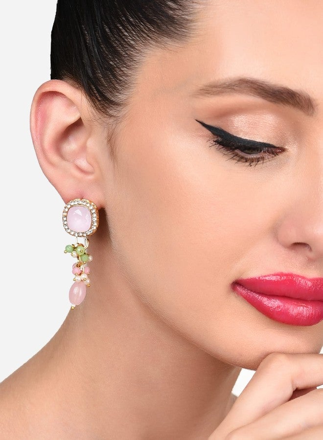 Zaveri Pearls أقراط زافيري بيرلز الوردية والخضراء المرصعة بالأحجار والخرز، وأقراط متدلية مرصعة بالألماس النمساوي للنساء - ZPFK15879 - Image 2