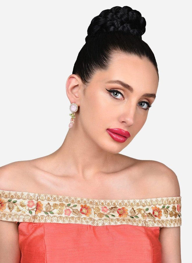 Zaveri Pearls أقراط زافيري بيرلز الوردية والخضراء المرصعة بالأحجار والخرز، وأقراط متدلية مرصعة بالألماس النمساوي للنساء - ZPFK15879 - Image 4