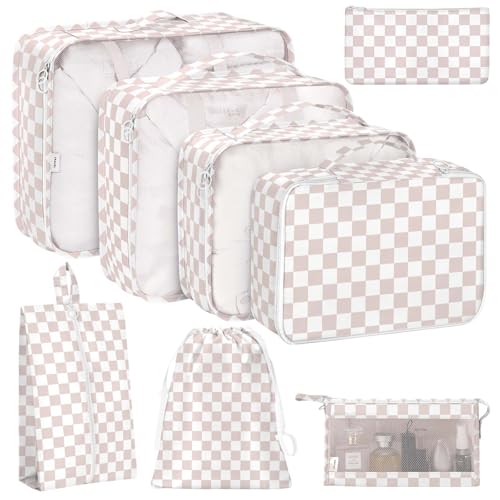 KPX 8 Set Packing Cubes for Travel Luggage Packing Organizers Accessories Large Toiletries Bag for Clothes Shoes Cosmetics 8SetNude Pink Plaid - Image 1