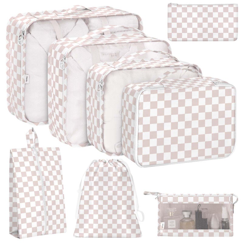 KPX 8 Set Packing Cubes for Travel Luggage Packing Organizers Accessories Large Toiletries Bag for Clothes Shoes Cosmetics 8SetNude Pink Plaid - Image 2