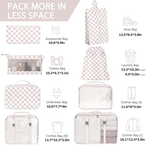 KPX 8 Set Packing Cubes for Travel Luggage Packing Organizers Accessories Large Toiletries Bag for Clothes Shoes Cosmetics 8SetNude Pink Plaid - Image 3