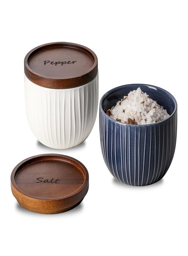 Adewnest Ceramic Salt and Pepper Bowls: 10 oz Stackable Spice Cellar with Wooden Lid - Stacked Seasoning Storage Containers for Kitchen Countertop - Navy & White, Set of 2 - Image 1