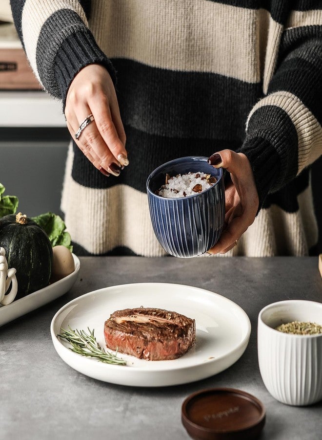 Adewnest Ceramic Salt and Pepper Bowls: 10 oz Stackable Spice Cellar with Wooden Lid - Stacked Seasoning Storage Containers for Kitchen Countertop - Navy & White, Set of 2 - Image 3