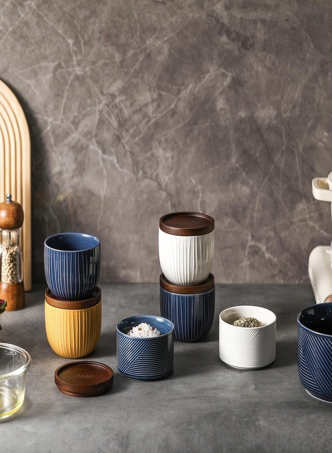 Adewnest Ceramic Salt and Pepper Bowls: 10 oz Stackable Spice Cellar with Wooden Lid - Stacked Seasoning Storage Containers for Kitchen Countertop - Navy & White, Set of 2 - Image 5