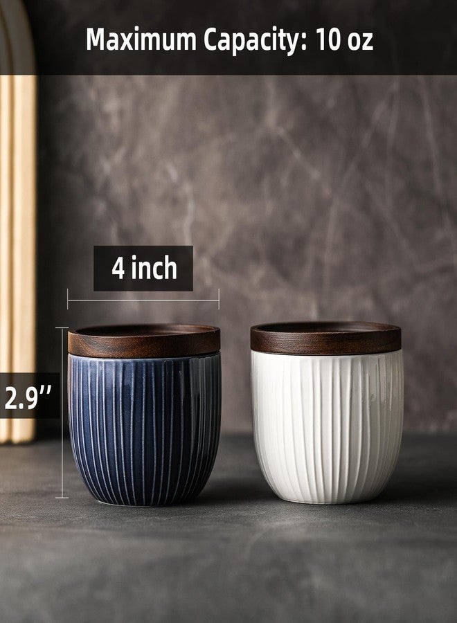 Adewnest Ceramic Salt and Pepper Bowls: 10 oz Stackable Spice Cellar with Wooden Lid - Stacked Seasoning Storage Containers for Kitchen Countertop - Navy & White, Set of 2 - Image 2