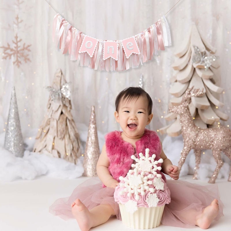 UOAOU Winter Snowflake One High Chair Tulle Tutu - Snowflake First Birthday Decorations Winter Onederland 1St Birthday High Chair Banner  Pink And Silver High Chair Tutu 1St Photo Prop Cake Smash - Image 4