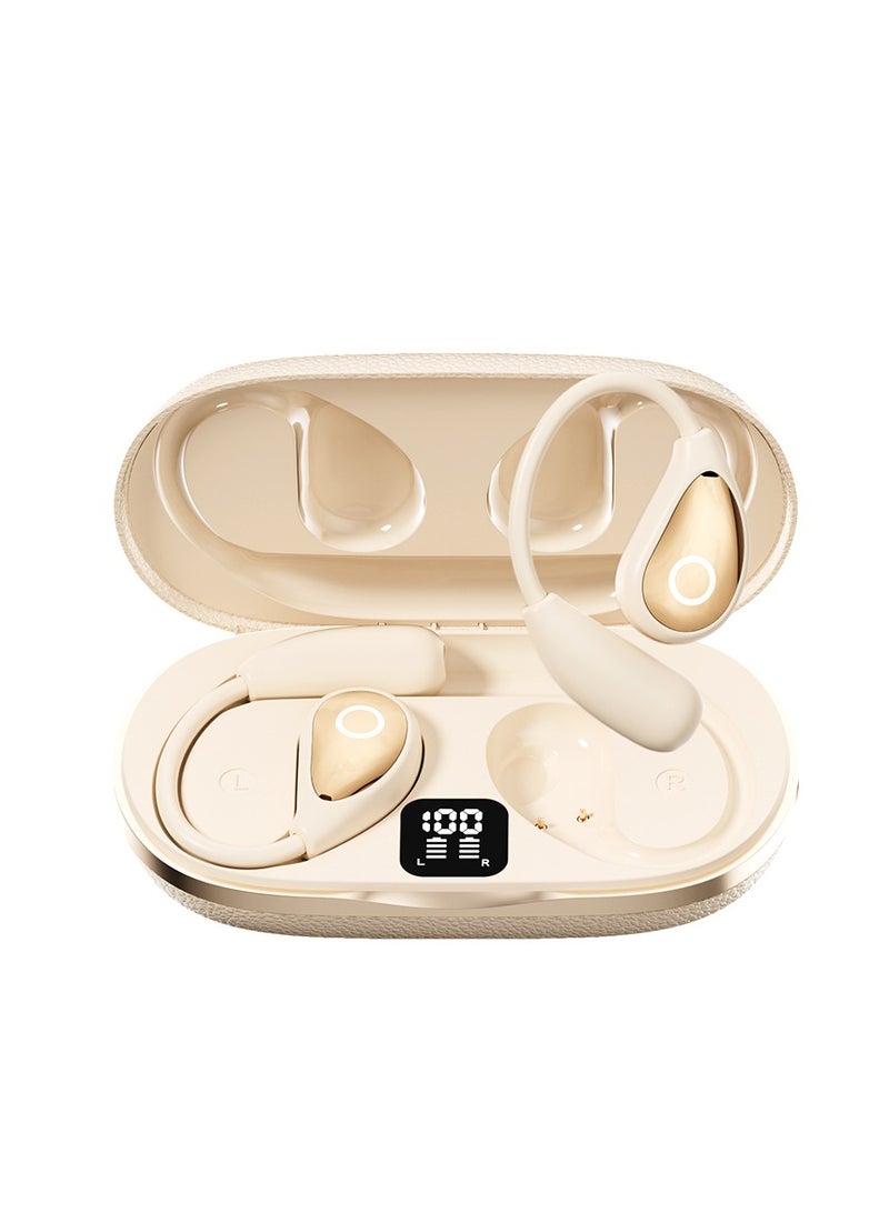 OREKO Open Ear Headphones, True Wireless Earbuds, Bluetooth 5.4 Headphones, Ultra-Comfort, Deep Bass, Clear Calls, LED Lights, OWS Bluetooth Earbuds TWS, Light-Weight Earphones Beige - Image 1