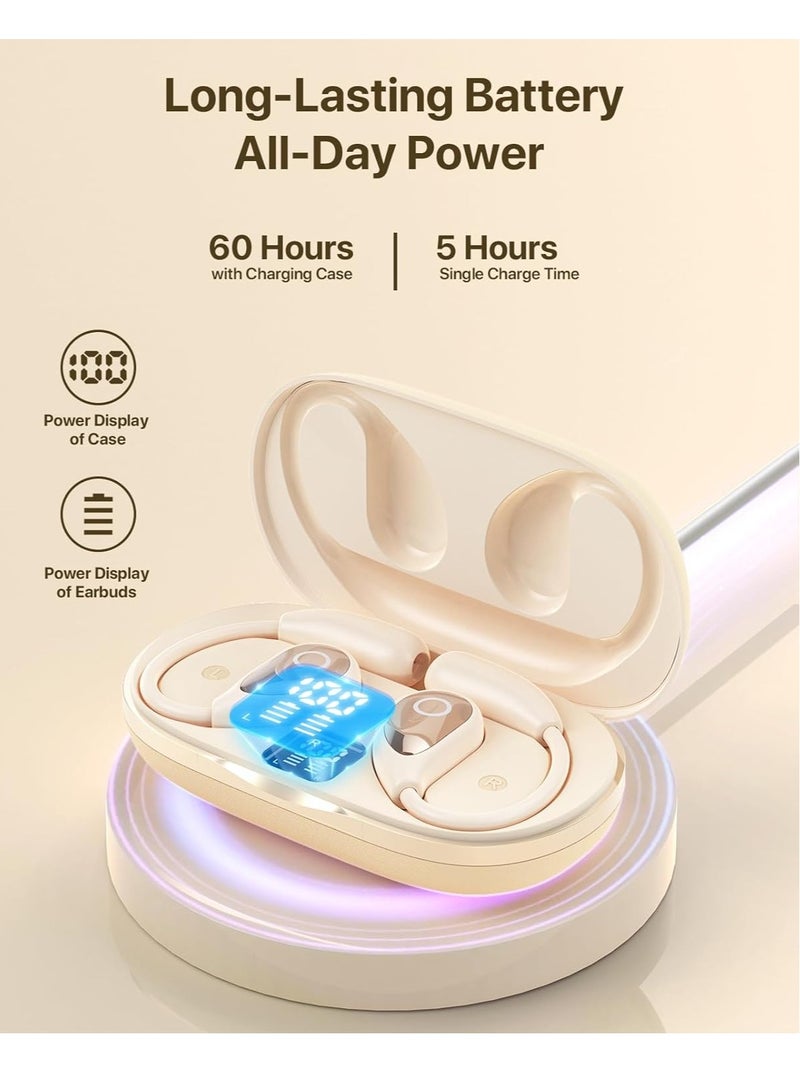 OREKO Open Ear Headphones, True Wireless Earbuds, Bluetooth 5.4 Headphones, Ultra-Comfort, Deep Bass, Clear Calls, LED Lights, OWS Bluetooth Earbuds TWS, Light-Weight Earphones Beige - Image 2