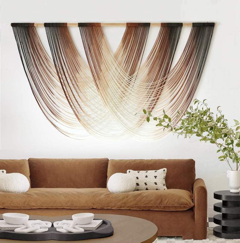 Jakalin Macrame Wall Hanging Brown Dip Dyed Large Fiber Yarn Wall Art Boho Wall Decor Boho Bedroom Living Room Wall Decor,59" W x 33" L - Image 1
