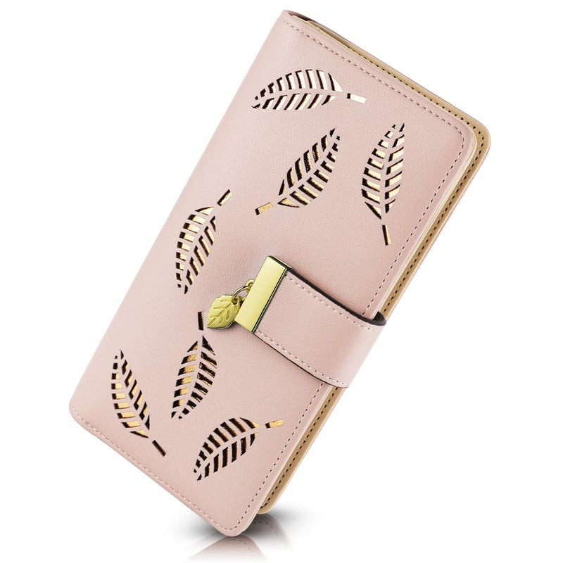 PGXT Women's Wallet Women Credit Card Holder Hollow Leaf Pattern Bifold Leather Lady Long Wallet Purse Zip Birthday Xmas Gifts for Women Girls(Pink) - Image 1