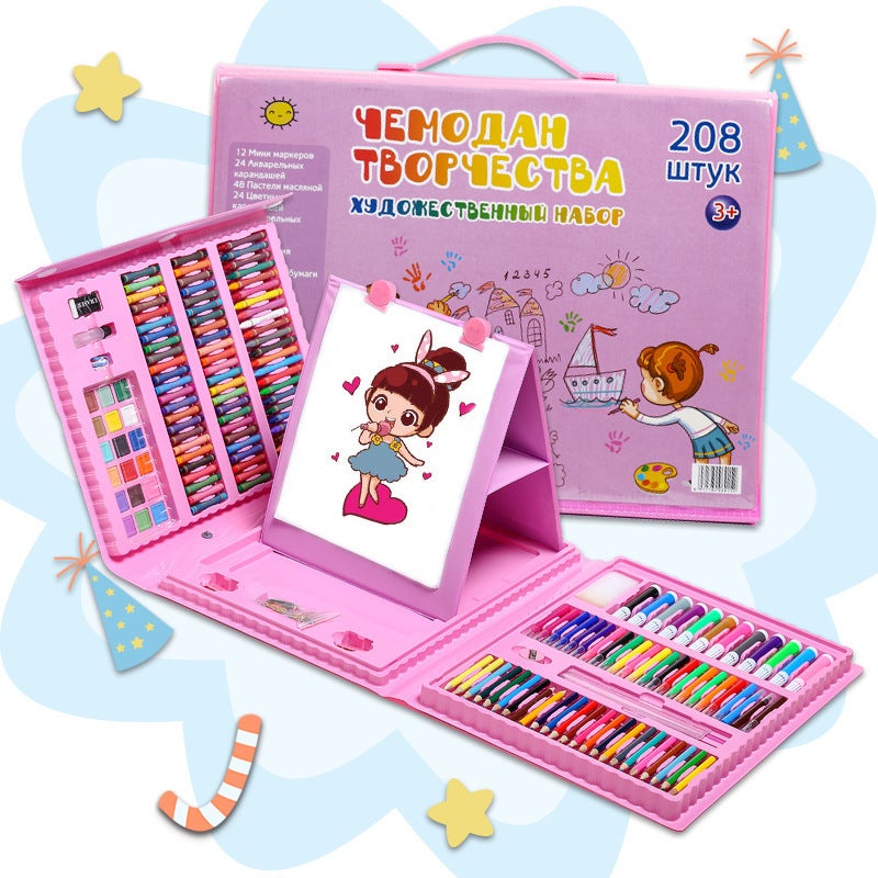 طقم رسم فني مكون من 208 قطعة مع لوحة ألوان، حل أدوات مكتبية ستة في واحد: أقلام زيتية، أقلام تلوين ملونة، ألوان مائية، ألوان بودرة مائية للمدرسة والهوايات والأعمال الفنية الاحترافية - كرييت - Image 4