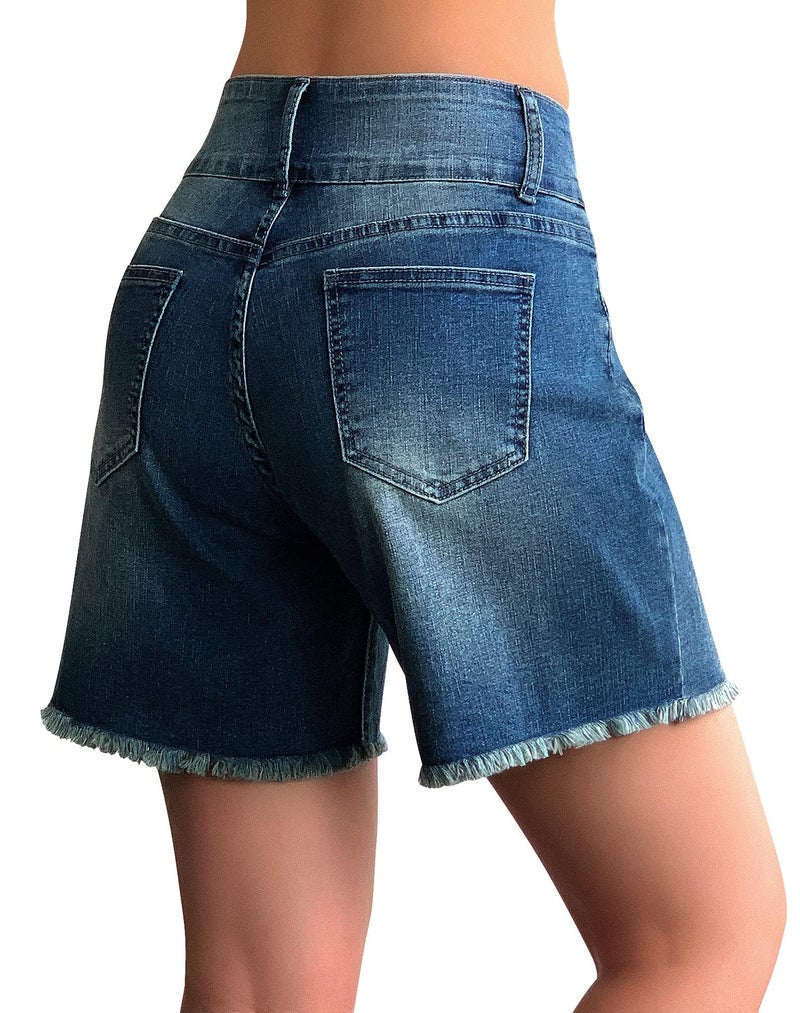 roswear Women's Stretchy Wide Leg High Waisted Frayed Hem Long Jean Shorts Blue X-Large - Image 2