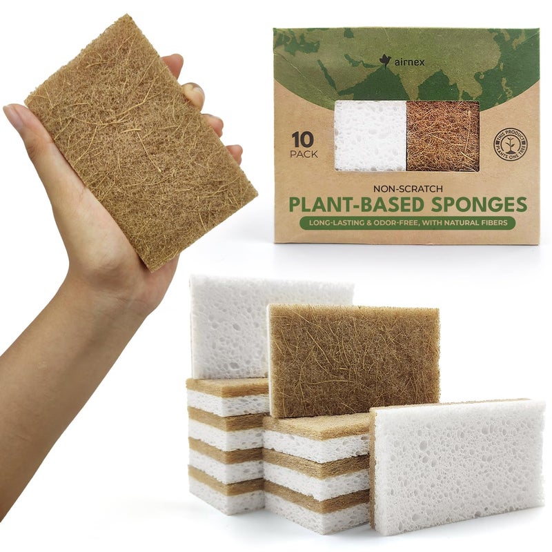 10 Pack Biodegradable Natural Kitchen Sponge  Compostable Cellulose and Coconut Walnut Scrubber Sponge  Eco Friendly Sponges for Dishes