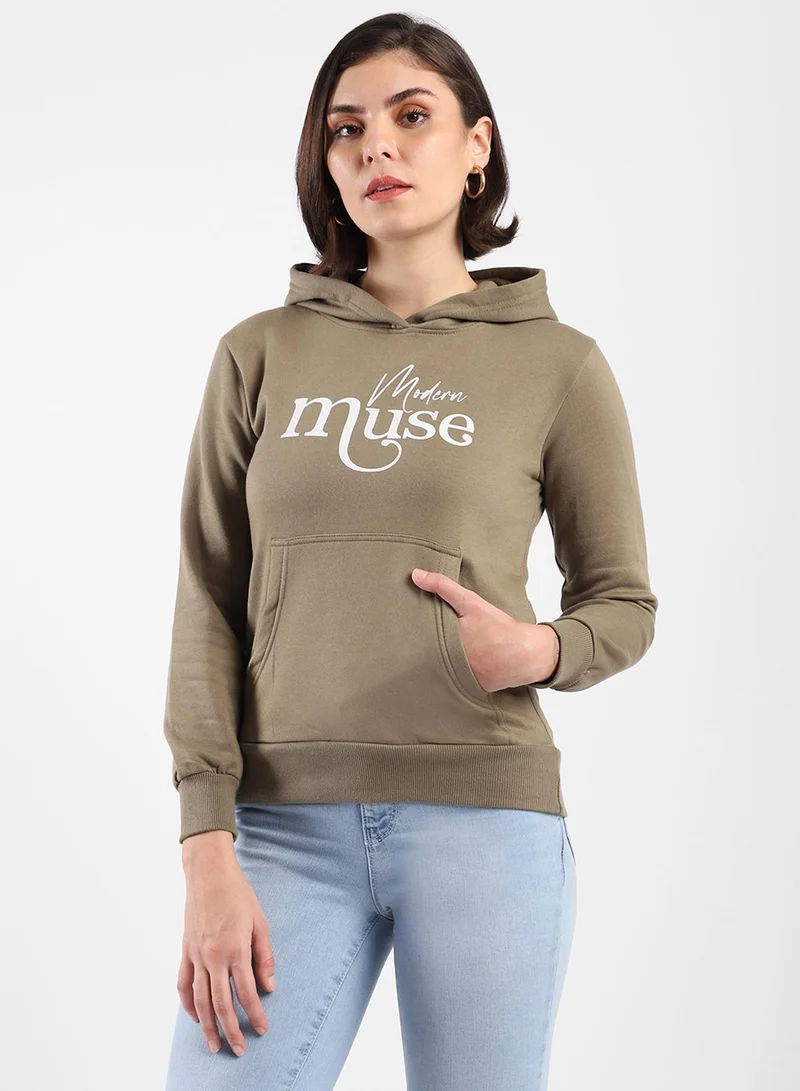 Campus Sutra Women's Olive Green Modern-Muse Print Pullover Hoodie