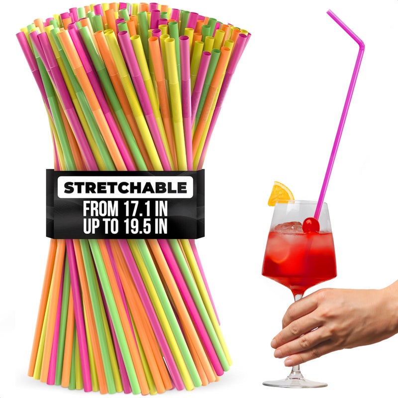 ZOKLU 200 Pcs Extra Long Straws Disposable Flexible Long Plastic Straws Stretchable 171 195 for Tall Drinks Tumblers Easy to Bend for Different Shapes Neon Colors for Parties Special Occasions 