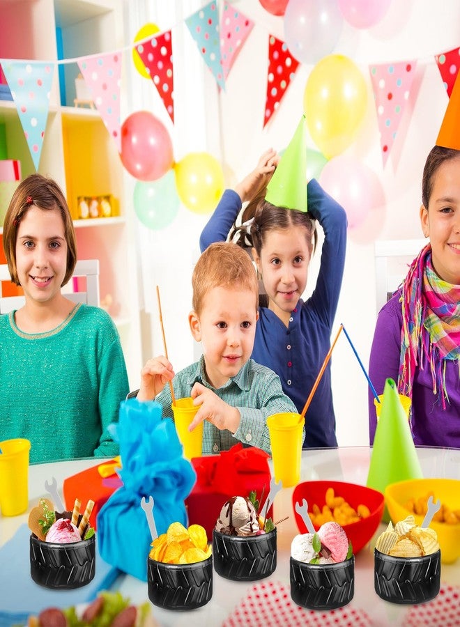 Uiifan 24 Sets Truck Wheel Ice Cream Bowls Spoon Set, Plastic Race Car Party Frozen Yogurt Cups with Spoons Sturdy Truck Tire Ice Cream for Race Car Theme Party Favor Kids Gift (Black) - Image 4