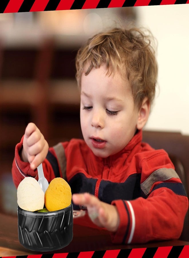 Uiifan 24 Sets Truck Wheel Ice Cream Bowls Spoon Set, Plastic Race Car Party Frozen Yogurt Cups with Spoons Sturdy Truck Tire Ice Cream for Race Car Theme Party Favor Kids Gift (Black) - Image 5