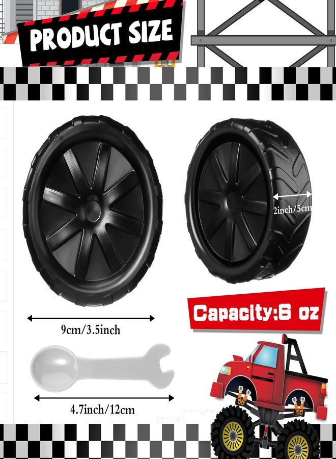 Uiifan 24 Sets Truck Wheel Ice Cream Bowls Spoon Set, Plastic Race Car Party Frozen Yogurt Cups with Spoons Sturdy Truck Tire Ice Cream for Race Car Theme Party Favor Kids Gift (Black) - Image 2