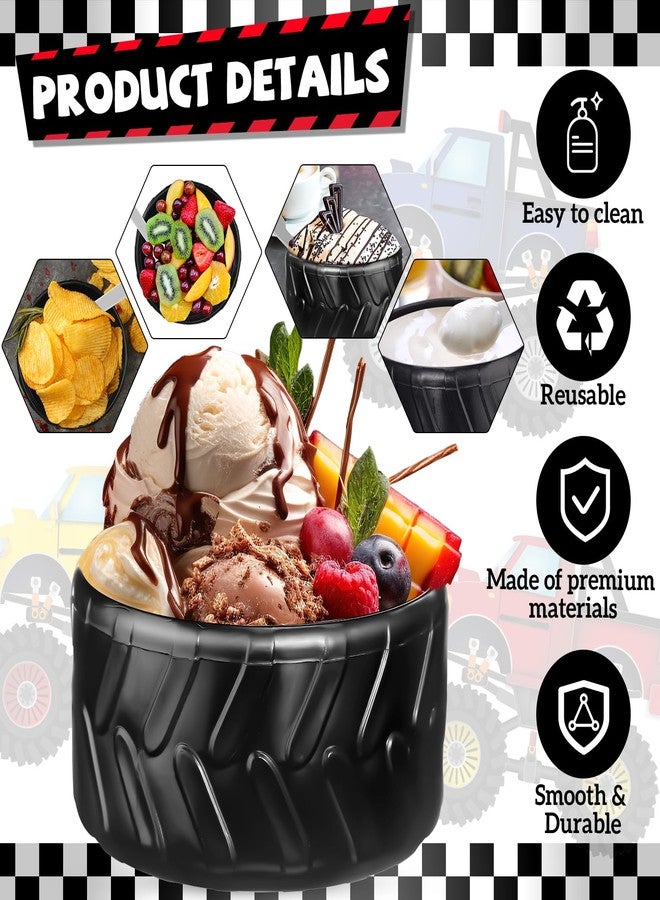 Uiifan 24 Sets Truck Wheel Ice Cream Bowls Spoon Set, Plastic Race Car Party Frozen Yogurt Cups with Spoons Sturdy Truck Tire Ice Cream for Race Car Theme Party Favor Kids Gift (Black) - Image 3