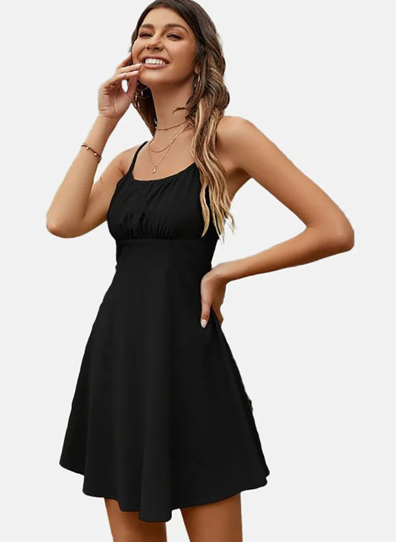 يونيكي Black Solid Sleeveless Tie-up Mini Fit & Flare Dress