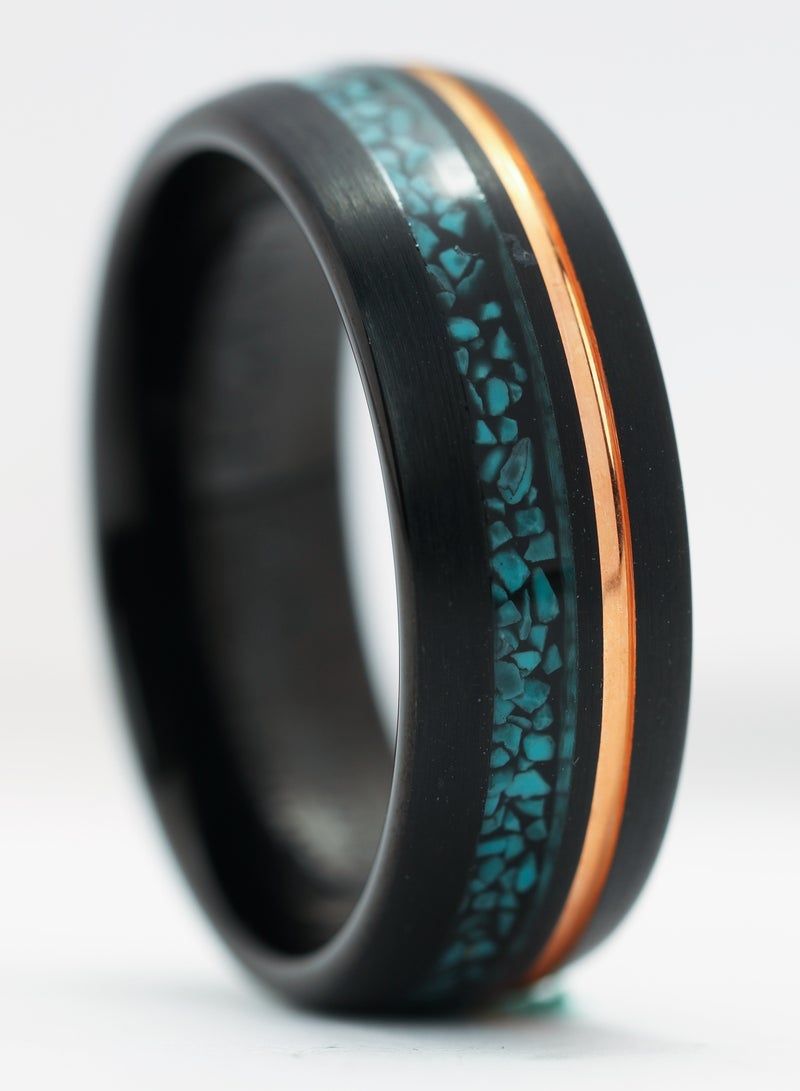 ELEGANT BEAR Black tungsten ring studded with turquoise gemstones