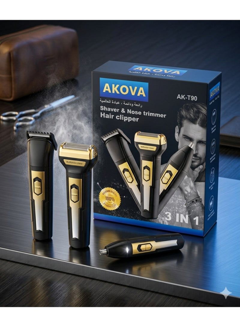 Akova مجموعة AKOVA AK-T90 3 في 1 من ماكينة حلاقة الشعر القابلة لإعادة الشحن، ماكينة حلاقة، ومقص الأنف - أسود/ذهبي - Image 1