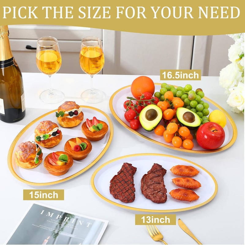 Rtteri 6 Pcs Oval White Serving Platter with Gold Rim Reusable Heavy Plastic Oval Dinner Plates White Serving Trays Wedding Platter for Turkey Meat Fish Appetizers Food Party 165 x 11 x 067 Inches - Image 3