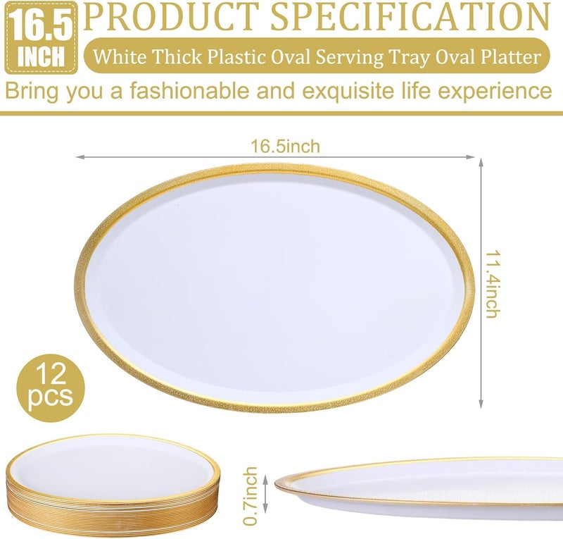 Rtteri 6 Pcs Oval White Serving Platter with Gold Rim Reusable Heavy Plastic Oval Dinner Plates White Serving Trays Wedding Platter for Turkey Meat Fish Appetizers Food Party 165 x 11 x 067 Inches - Image 2