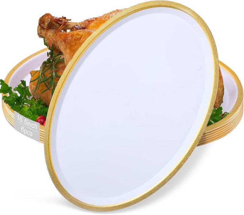 Rtteri 6 Pcs Oval White Serving Platter with Gold Rim Reusable Heavy Plastic Oval Dinner Plates White Serving Trays Wedding Platter for Turkey Meat Fish Appetizers Food Party 165 x 11 x 067 Inches - Image 1