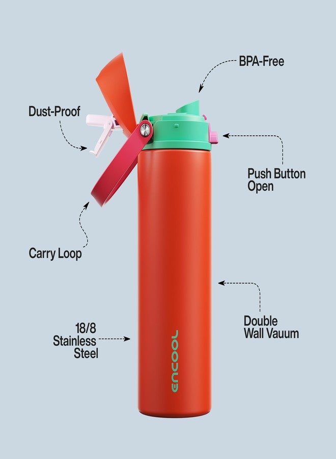 ENCOOL Insulated Water Bottle with Straw - Encool Stainless Steel Water Bottle with Push Button Lid, Leak-Proof & BPA-Free, Keeps Cold for 24 Hours for Sports, Travel, Gym (24 oz, Grapefruit Red) - Image 4