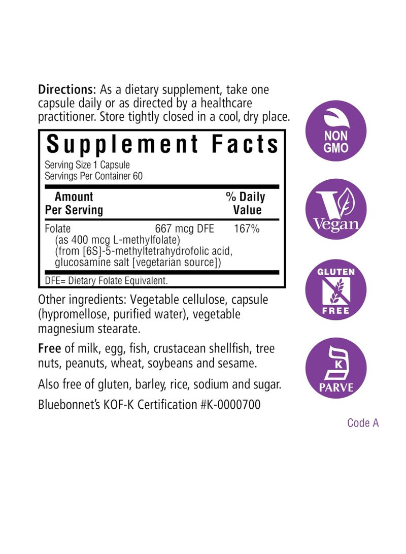 بلو بونيه CellularActive Methylfolate 400 ميكروغرام - مركب من رباعي الفوليك - للطاقة والمزاج وصحة ما قبل الولادة - نباتي، خالي من الغلوتين، غير معدّل وراثيًا، وكوشير - 60 كبسولة - 60 وجبة - Image 2