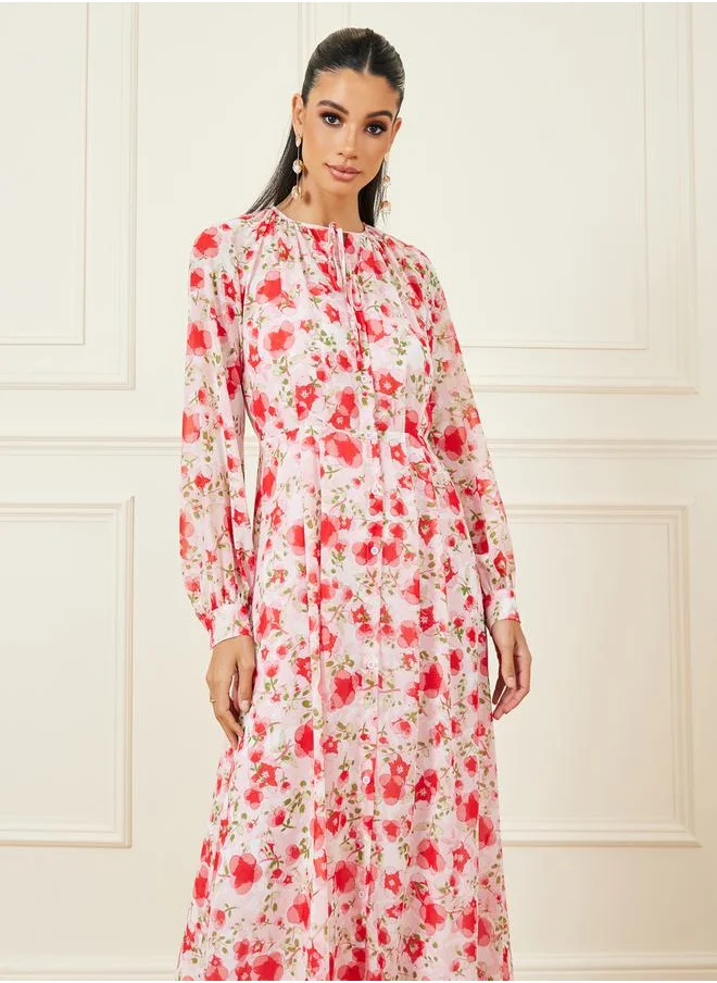 Styli Floral Print Tie Up Neck Button Closure A-Line Maxi Dress